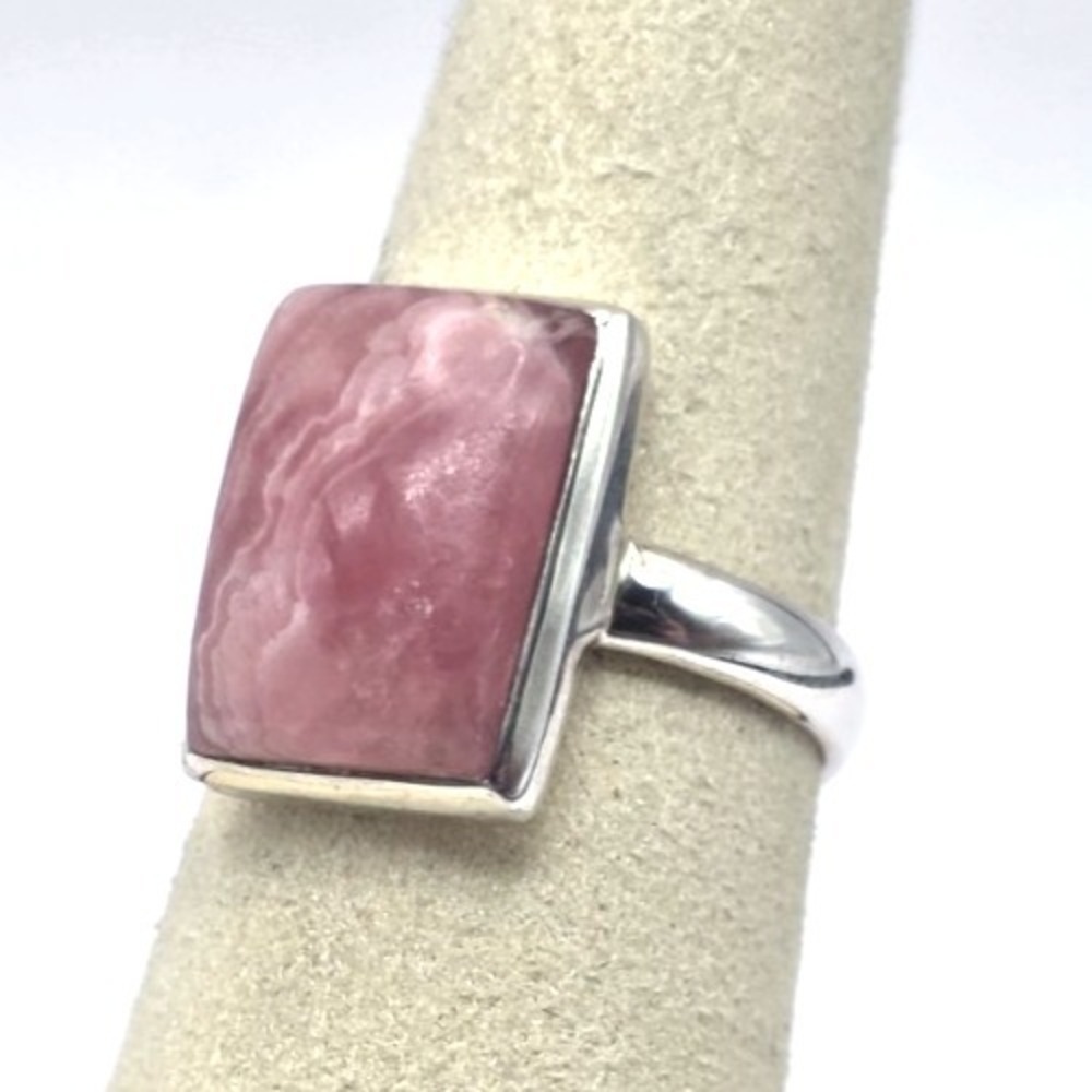 Rhodochrosite Rectangle Pink Ring Size‎ 7.5 Sterling Silver 925 Handmade NWT